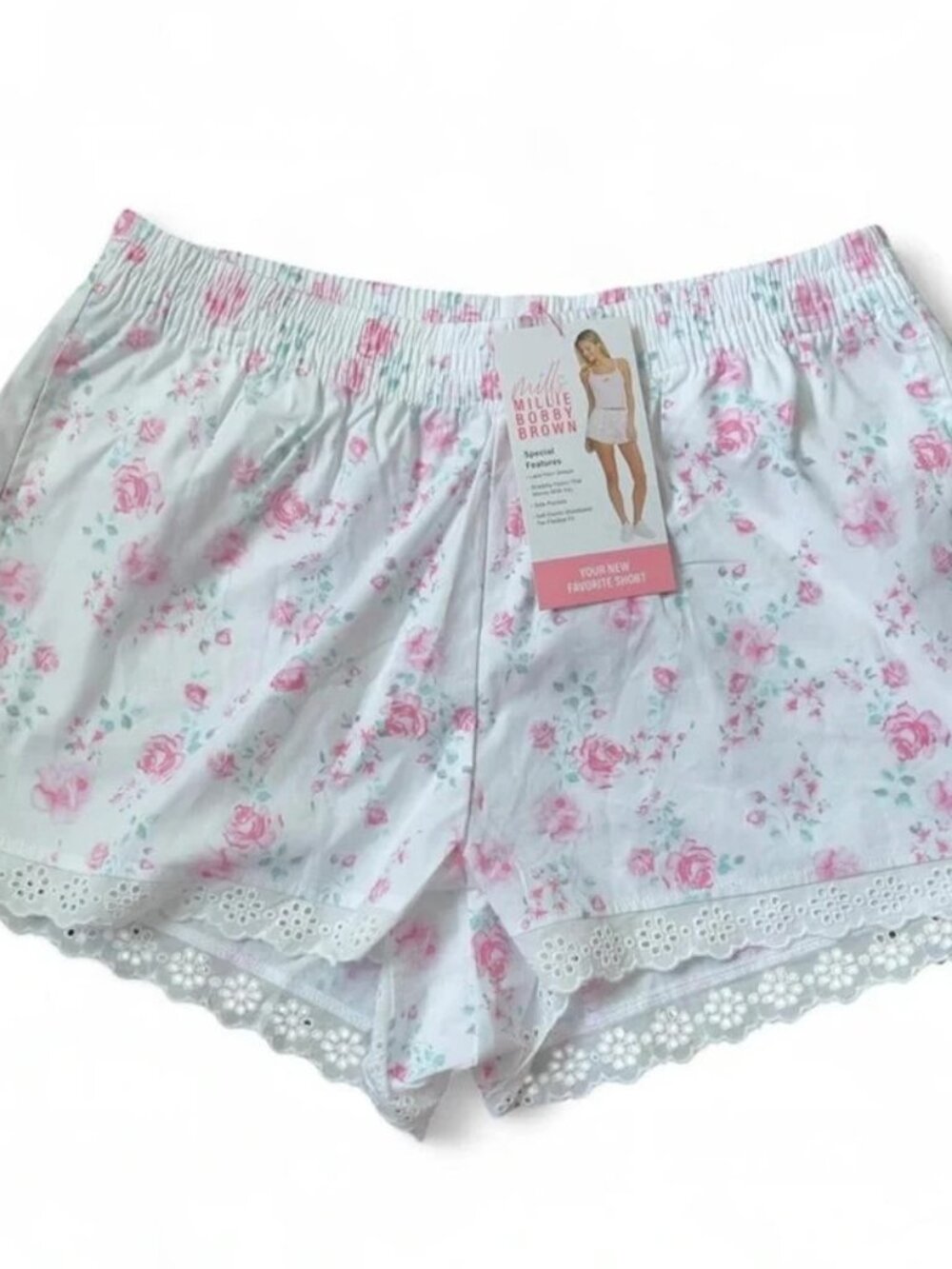 Millie Bobby Brown white and pink floral shorts with lace trim
